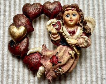 Vintage "KEY to my HEART ANGEL PiN" in Heart Wreath  Earthy Tones - Tri-Dimensional Design - Lots of Detailing - Great Valentine Gift