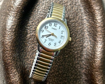 Vintage "INDIGLO TIMEX WRISTWATCH" Easy Reader Style -  Expansion Band - Time Tested - Gold Toned with Silver Toned Trim