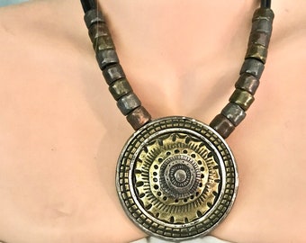 Vintage 80's   "BEADED MEDALLION NECKLACE"  Nice In a Mellow Gold/Antiqued Metal