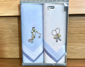 Vintage 80's " GIFT BOXED HANKIES" Tennis Anyone? Two Fine Handerkerchiefs - All Cotton