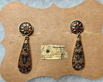 Vintage "SPANISH EARRINGS by ANFRAMA"  24K Gold Plated - Clip On Dangle Earrings - Mosaic Hand Gilding Damascus Steel -Rare Find