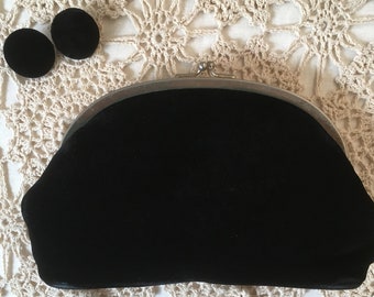 Vintage 60's "BLACK VELOUR PURSE" with Matching Velour Clip On Earrings