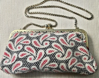 Vintage 60's " PAISLEY BEADED PURSE" a Silver Tone Frame - Roll Link Handle - Classic Bohemian Print