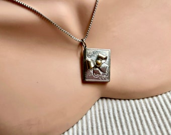 Vintage 80's "BOOK BOW LOCKET with Gold Ball Center"  in Silver Toned Frame & Silver Toned Boxed Link Chain