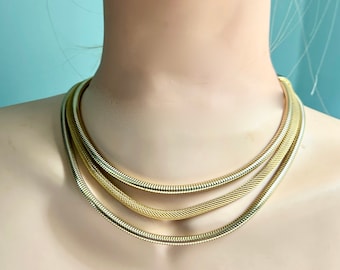 Vintage 90's  "SNAKE ROPE CHOKER" in Gold Toned - Tri-layer Polished Snake Rope Links - Meshed Center Snake Rope Link