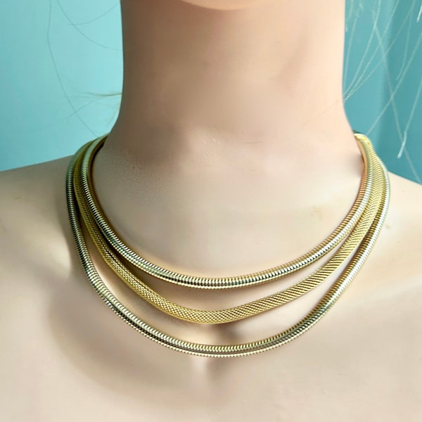 Vintage 90's  "SNAKE ROPE CHOKER" in Gold Toned - Tri-layer Polished Snake Rope Links - Meshed Center Snake Rope Link