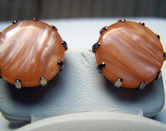 Vintage 60's "MOON STONE GLOW "  Screw Backs Earrings in Coral Orange Sherbet Color in Gold Tone