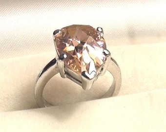 Vintage Faux Pink Sapphire Stone Silver Ring - Faceted Pear Cut Solitaire Ring