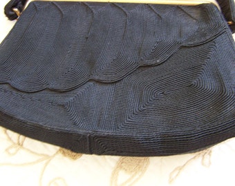 Vintage 40's Genuine "CORDE"  Jet Black Gimp Purse with Scalloped Front Design.