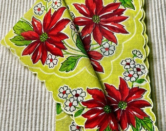 Vintage "RED POINSETTIA HANKIE" Pale Lime Yellow Background - Tender Yellow Green - Rare Find in a Poinsettia Hankie