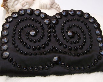 Vintage 40's "Lu JEAN" Satin Clutch Heavy Black Beaded Design Rare Find GORGEOUS!