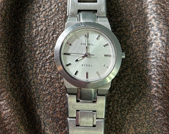 Vintage "FOSSIL STEEL WATCH" Time Tested - Latch Over Bracelet -Luminated Watch Hands - Watch Resistant