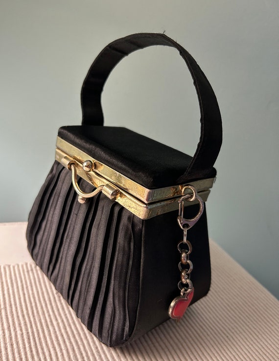Vintage Pleated Pintuck Box Purse Handbag Black Satin Dressy Detachable Heart Key Chain