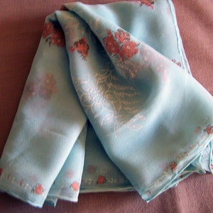 Vintage 50&#39;s Oblong Scarf Light Teal with Soft Peach Flowers and White Pattern Design