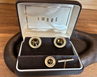 Vintage 60's "SWANK CUFFLINK SET" Smokey Topaz  Rivoli Stone Gold Toned Round Framed Cufflinks with Tie Tack- Rare Find