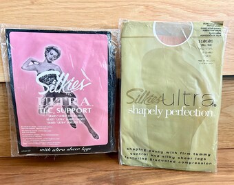 Vintage "SILKIES ULTRA PANTIHOSE" 2 Pairs -Nude in Small Size & Barely Black in Size Medium- Old New Stock