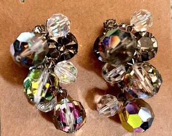 Vintage "SPARKLE PLENTY EARRING" Glam Clip On Earrings Big & Bold Style - Faceted Clear Round Ball Gemstones