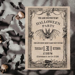 May include: Halloween party invitation with a vintage design. The invitation features a bat illustration and the text "You are invited to my Halloween Party." Additional text includes the date, time, and address. Decorative bats and skulls are scattered around the invitation.