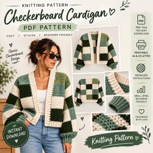May include: A knitting pattern for a checkerboard cardigan featuring a PDF file, printable A4 and US letter formats, and detailed instructions. The cardigan has a green, cream, and dark green block pattern with long sleeves and ribbed cuffs.