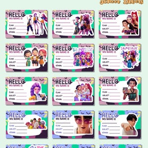 May include: A sheet of K-Pop themed school labels with the text "Hello My Name Is" and space for class, subject, and school. The labels feature various K-Pop group illustrations and the text "Demon Hunters" and "School Labels".