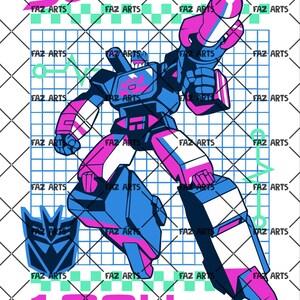 Puede incluir: Ilustración de un robot azul, rosa y blanco con la palabra "SOUNDWAVE" en rosa y el año "1984" en rosa. El robot sostiene un arma grande. El fondo tiene un patrón de cuadrícula y el texto "FAZ ARTS".