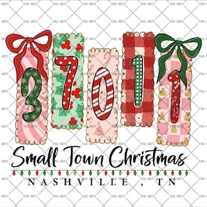 Puede incluir: Un diseño navideño con los números "37011" en varios patrones, incluyendo rayas, lunares y cuadros. El texto "Small Town Christmas" y "Nashville, TN" están incluidos, junto con elementos decorativos.