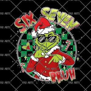 Puede incluir: Gráfico festivo con un personaje de dibujos animados verde con gorro de Papá Noel y gafas de sol, con el texto "SIX SEVEN BRUH". El personaje lleva un traje rojo con ribetes blancos, sobre un fondo negro con un patrón de cuadros y acentos navideños.