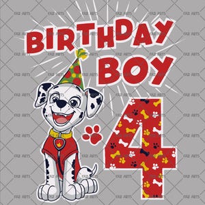 Op de afbeelding: Een digitale afbeelding met een cartoon Dalmatische hond met een rood vest en een feesthoed, met de woorden "BIRTHDAY BOY" in het rood. Een groot getal "4" is versierd met pootafdrukken en botten. De achtergrond is grijs.