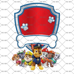 Könnte beinhalten: Ein farbenfrohes Grafikdesign mit den Paw Patrol-Charakteren. Das Design umfasst ein rotes und blaues Schild mit Pfotenabdrücken und ein Knochenbanner. Die Paw Patrol-Welpen sind in ihren Uniformen dargestellt.
