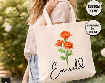 Personalized Birth Flower Name Tote Bag, Custom Floral Canvas Shoulder Bag. Made in Alpharetta, GA by Neurodiverse team.