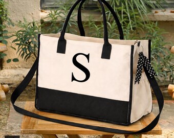 Personalized Monogram Tote Bag, Custom Initial Canvas Handbag, Stylish Work Bag Gift for Mom