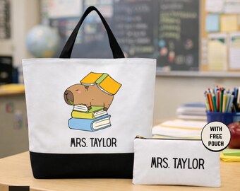 Personalized Teacher Tote Bag, Capybara Book Lover Canvas Bag (Includes Zipper Pouch). Made in Alpharetta, GA by Neurodiverse team.