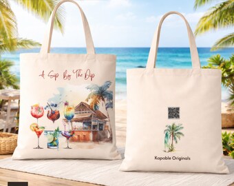 Tropical Cocktail Canvas Tote Bag, Beach Bar Summer Shopper, Vacation Gift Bag. Made in Alpharetta, GA by Neurodiverse team.