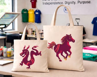 Chinese Zodiac Animal Canvas Tote Bag, Dragon Horse Astrology Gift Bag. Made in Alpharetta, GA by Neurodiverse team.