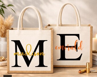 Personalized Jute Tote Bag, Custom Name Monogram Canvas Tote. Made in Alpharetta, GA by Neurodiverse team.