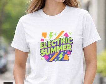 Electric Summer Retro Neon Typography Graphic T-Shirt, Festival Rave Outfit. Made in Alpharetta, GA by Neurodiverse team.