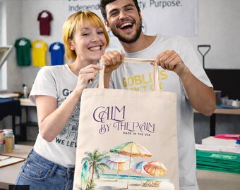 Calm by the Palm Beach Tote Bag, Tropical Canvas Summer Shopper, Kapable Kreation Original. Made in Alpharetta, GA by Neurodiverse team.