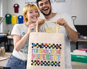 Autism Awareness Tote – It’s Okay To Be Different, Teacher, Parent & Autism Gift. Made in Alpharetta, GA by Neurodiverse team.