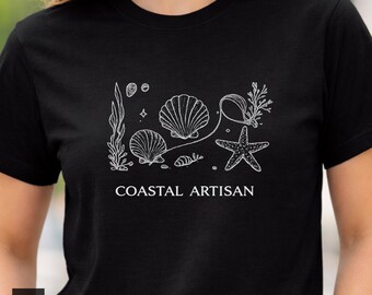 Coastal Artisan Graphic T-Shirt, Vintage Seashell Starfish Line Art Tee. Made in Alpharetta, GA by Neurodiverse team.