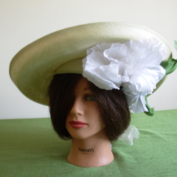 BIG Brim Vintage Pale Green Mr. John Straw hat with Flower