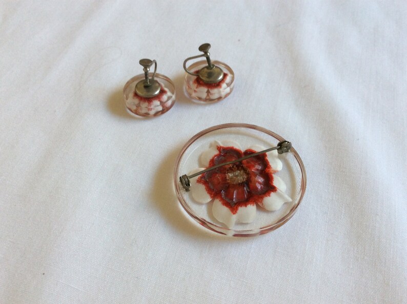 Vintage Lucite Red Rose Flower Pin and Earrings Set Mid-century