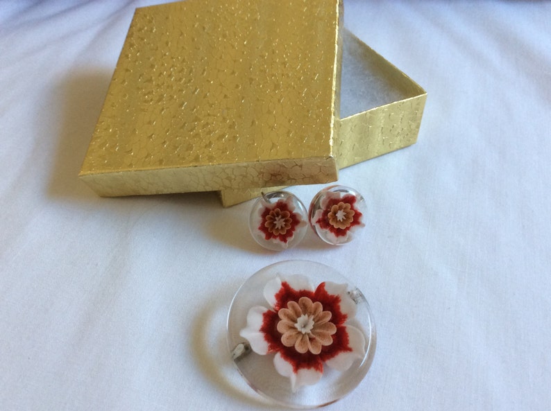 Vintage Lucite Red Rose Flower Pin and Earrings Set Mid-century