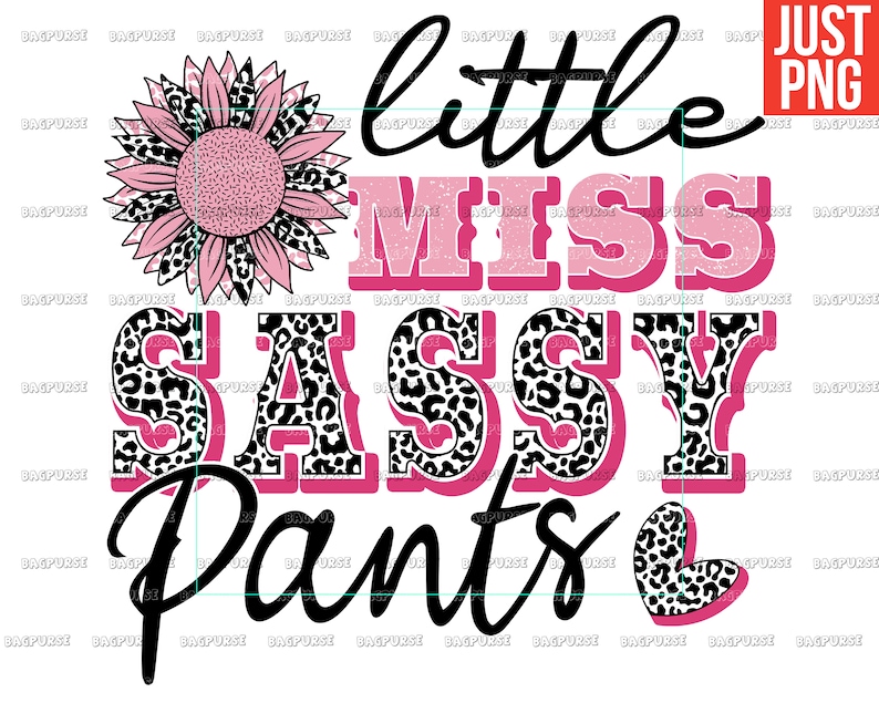 May include: A pink and black graphic design with a sunflower, leopard print, and the text "little miss sassy pants".