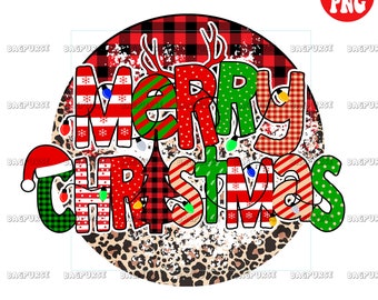 May include: A round, red, green, and white Christmas design with the words "Merry Christmas" in a festive font. The design is on a leopard print background with a white, snowy effect.