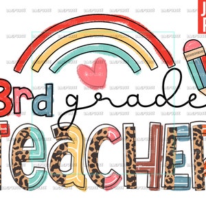 Könnte beinhalten: Ein bunter Regenbogen mit einem Herzen und dem Text "3rd grade teacher" in einem Leopardenmuster. Der Text ist in einem bunten, handgezeichneten Stil.