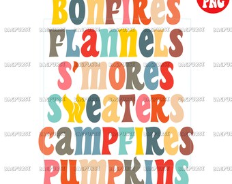 Puede incluir: Un diseño gráfico colorido con las palabras "Bonfires", "Flannels", "S'mores", "Sweaters", "Campfires" y "Pumpkins" en un estilo de fuente retro.