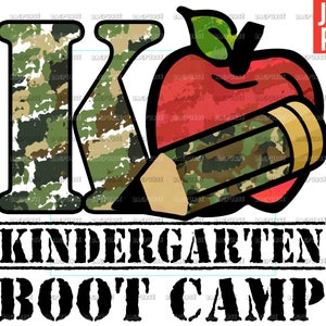 May include: A camouflage-patterned letter K with a red apple and a camouflage-patterned pencil. The text "Kindergarten Boot Camp" is below the image.
