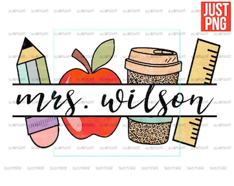 Teacher PNG, Teacher Name Frame PNG, Pencil Apple Coffee Rule Frame Name, File Design for Sublimation Or Print, digital Download