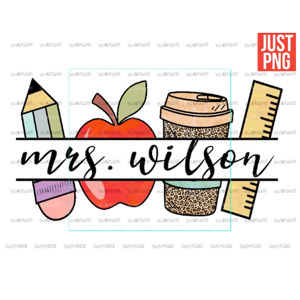 Teacher PNG, Teacher Name Frame PNG, Pencil Apple Coffee Rule Frame Name, File Design for Sublimation Or Print, digital Download