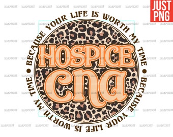 Könnte beinhalten: Eine runde Grafik mit einem Leopardenmuster-Hintergrund und dem Text "Because your life is worth my time because your life is worth my time" um die Wörter "Hospice and" in Orange.
